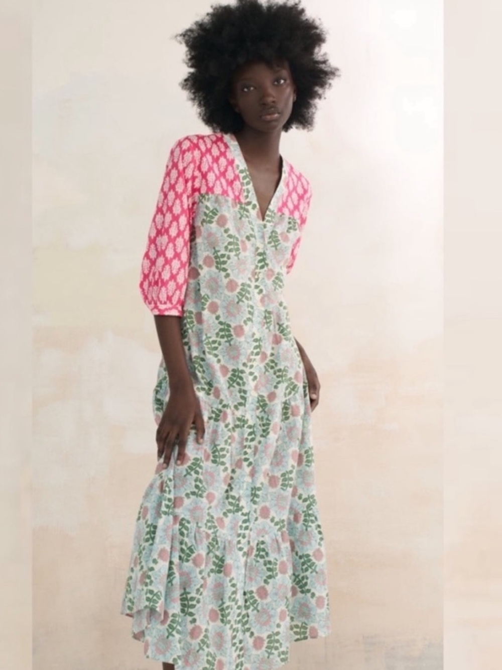 Zara Pink and Green Floral Mix-Print Midi Dress “Paloma” size XS